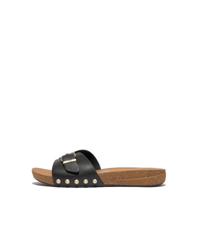 Mules femmes FitFlop IQUSHION ADJUSTABLE BUCKLE LEATHER SLIDES Marron